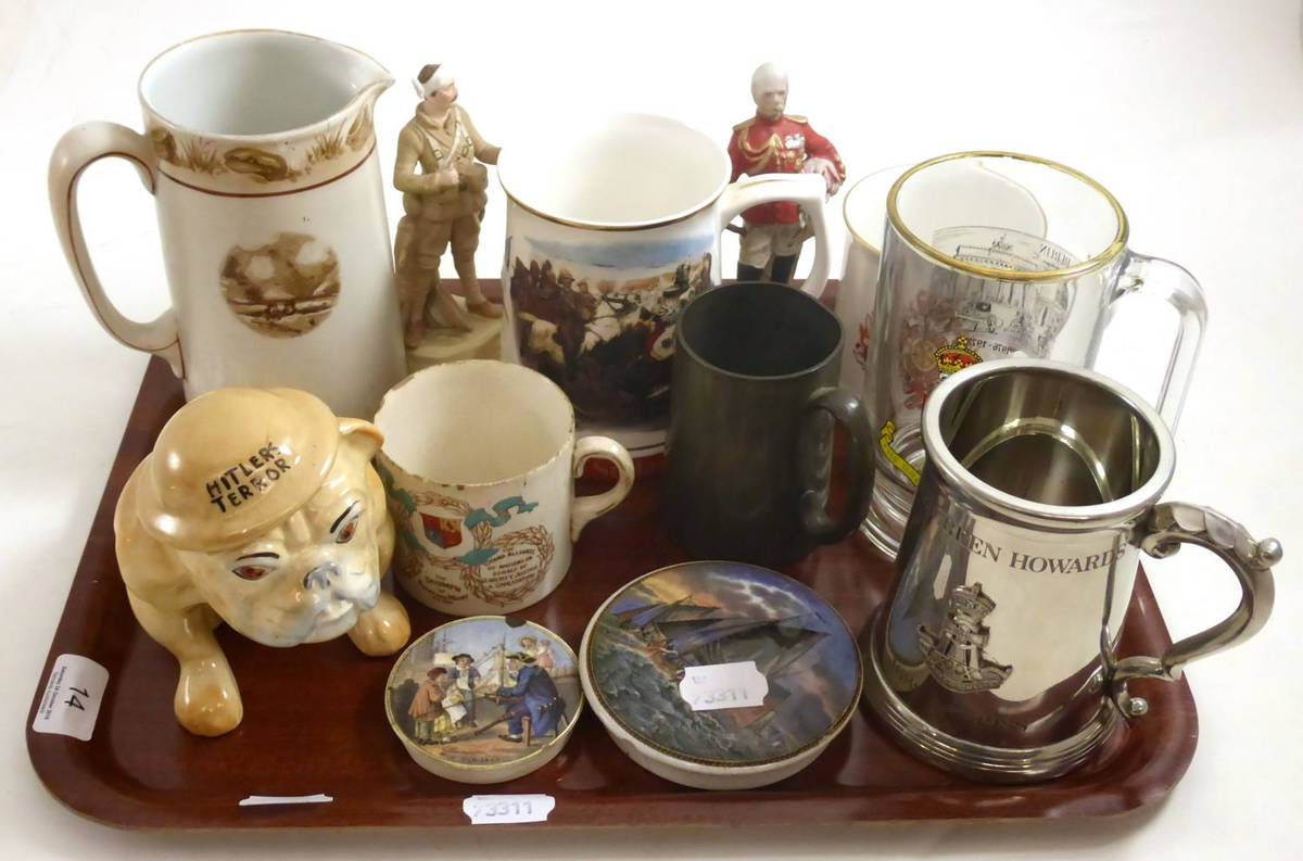 Lot 14 - Assorted military and other souvenir ceramics, metalware and glass etc
