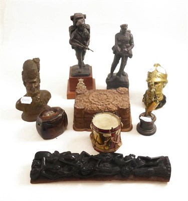 Lot 15 - French brass car mascot, ";Sapeur Pompiers de Paris";, various military figures, treen items etc