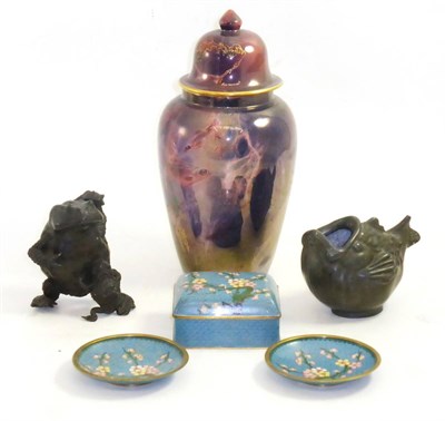 Lot 34 - A Wilkinsons Oriflamme vase and cover decorated with fish, three cloisonné items, a bronze...