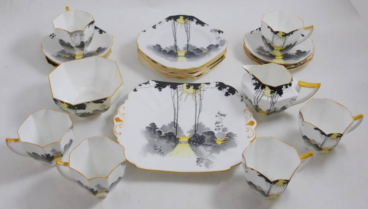 Lot 43 - 1930's Shelley tea service, six piece with milk jug and serving plate, pattern 11678
