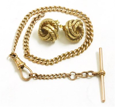 Lot 57 - Rose gold and T-bar bracelet (a.f.) and a pair of 9ct gold knot earrings (2)