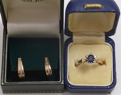Lot 83 - A sapphire and diamond cluster ring (one diamond missing) and a pair of 9ct gold diamond earrings