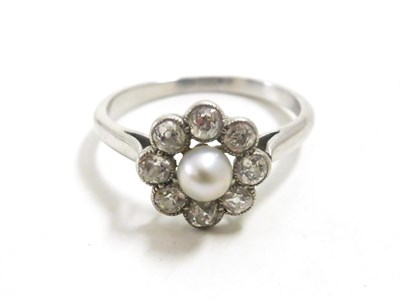 Lot 91 - An early cultured pearl and diamond cluster ring, total estimated diamond weight 0.40 carat...