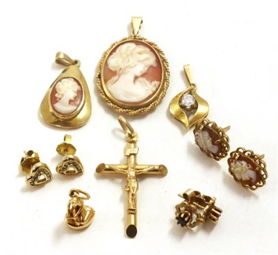 Lot 92 - A 9ct gold cameo pendant, other cameo jewellery, a crucifix, pendants, charms, earrings etc
