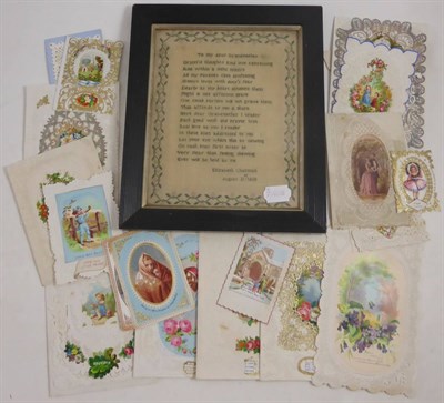 Lot 137 - A collection of Victorian Valentine cards and a framed sampler dated 1828