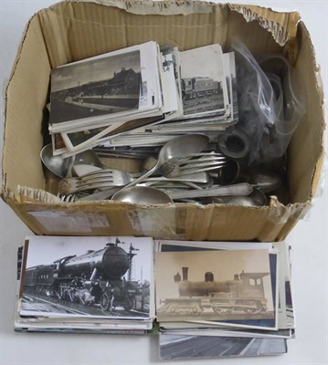 Lot 141 - A box of postcards and cutlery, all railway related