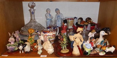 Lot 162 - A shelf of decorative ceramics and cut glass including Beswick, Lladro, Flower Fairies, etc