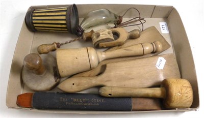 Lot 171 - Kitchenalia including treen pastry marker, moulds, butter stamp, striped flour tin, whisk, baby...