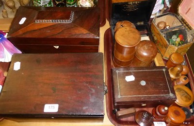 Lot 175 - Collection of treen including bobbin holders, pince-nez in a case, a spice tower, snuff boxes etc