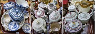 Lot 178 - Three trays of Newhall, factory X, Y, Z teapots and blue and white ceramics