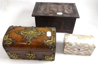 Lot 182 - A walnut and brass bound caddy, a small mother-of-pearl correspondence box and a carved oak box