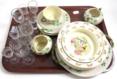 Lot 183 - A tray of Belleek, two Bunnykins nursery bowls and liqueur glasses