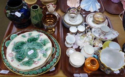 Lot 190 - Two trays of decorative ceramics including Majolica bread dish, pair of Majolica plates, flower...