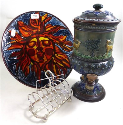 Lot 191 - Doulton Lambeth stoneware tea urn and cover, a Poole pottery charger and a plated toast rack