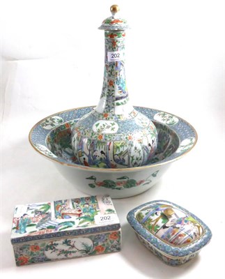 Lot 202 - A 19th century Cantonese famille verte wash set comprising bowl, guglet and cover, soap box and...