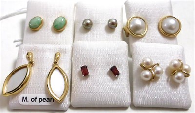 Lot 222 - Six pairs of gem set earrings, including cultured pearl studs, garnet studs, a pair of 9ct cultured