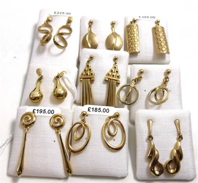 Lot 251 - Nine pairs of 9ct gold drop earrings