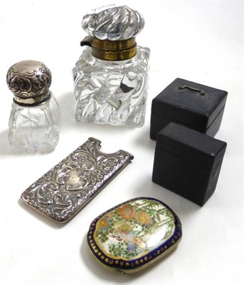 Lot 254 - Silver card case, glass inkwells, silver lidded bottle, etc