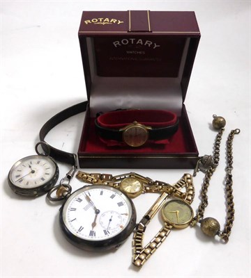 Lot 255 - A gentleman's silver cased pocket watch, a Continental fob watch and albertina and three...