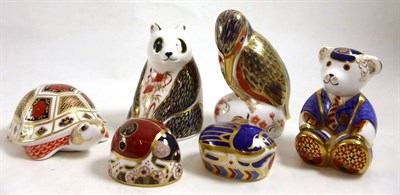 Lot 278 - Six Royal Crown Derby paperweights including a panda, kingfisher, etc (all with 'gold' stoppers)