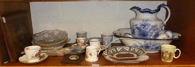 Lot 300 - A shelf of decorative ceramics including a blue and white ";Avoca"; pattern toilet set, Royal...