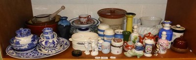 Lot 301 - Shelf of decorative ceramics including a Buttercup Dairy Co. stoneware pail and cover, Cornish...