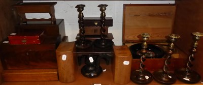 Lot 302 - A pine cased roulette wheel, a set of five oak barley twist candlesticks with brass sconces, a...