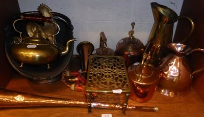 Lot 311 - Copper coal scuttle, four brass and copper kettles and other brass and copper ware