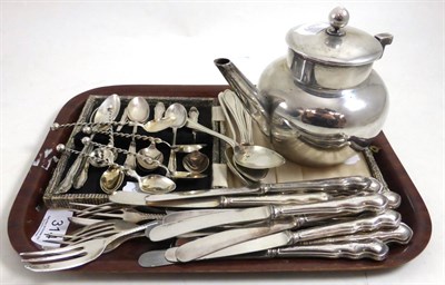 Lot 314 - A collection of silver including various teaspoons, a teapot (no handle) stamped 830, etc