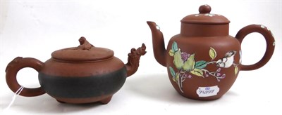 Lot 326 - Two Chinese Yixing terracotta teapots, one decorated in enamel with birds