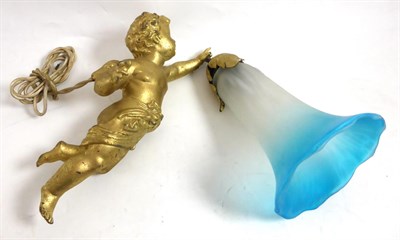 Lot 327 - Cherub light fitting with blue glass shade