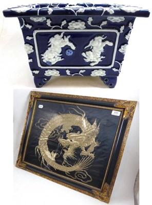 Lot 333 - A Japanese porcelain jardiniere and an embroidered panel