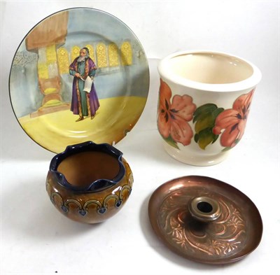 Lot 335 - A Moorcroft Hibiscus jardiniere, a Keswick chamber candlestick, a Royal Doulton vase and a...