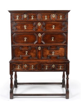 Lot 849 - An 18th Century Joined Oak Chest on Stand, of two short over three long geometric moulded...