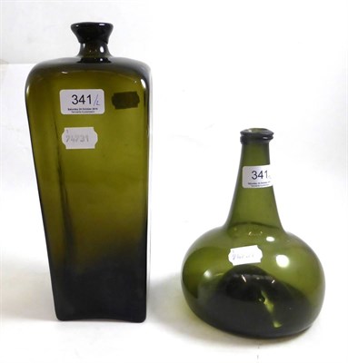 Lot 341 - 18th century Onion wine bottle and a late 18th century square Dutch gin bottle