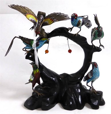 Lot 346 - Oriental filigree silver and enamel display of exotic birds