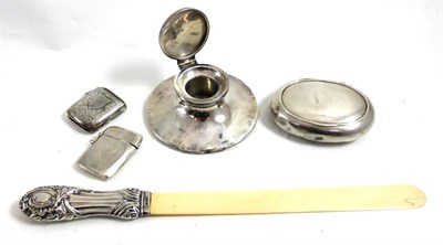 Lot 378 - A small quantity of silver including an inkwell, a silver handled page turner, a vesta case, etc