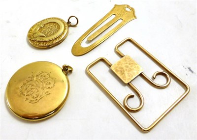 Lot 399 - Two yellow metal lockets, a clip stamped '14' and another clip stamped 'Tiffany & Co 18KT'