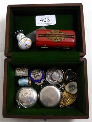 Lot 403 - A box containing a small lacquered Oriental shrine, an enamel and jewelled parasol handle, a silver