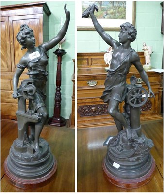 Lot 442 - A pair of spelter figures of a man and woman representing engineering and shipping, signed C H Levy