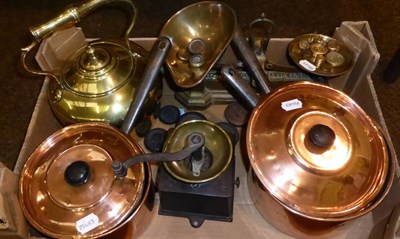 Lot 447 - A set of three copper pans, a brass kettle, a coffee grinder, a set of scales and various...