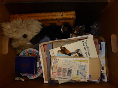 Lot 450 - A box including collectors items, stamps, games, soft toys, costume jewellery, etc