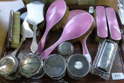 Lot 453 - 1920s silver and pink enamel five piece dressing table set, 1920s silver hand mirror with...