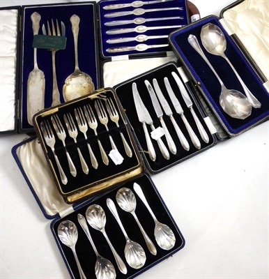 Lot 454 - A group of silver flatware including dessert forks, fruit knives, lobster picks, etc