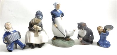 Lot 464 - Five Royal Copenhagen china figures comprising: A seated figure, lady goose, young girl with...