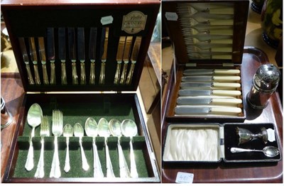 Lot 481 - A Birmingham silver egg cup and spoon together with a cased silver plated fish service and a silver