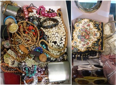 Lot 483 - Two boxes including assorted costume jewellery, evening bags, sunglasses etc