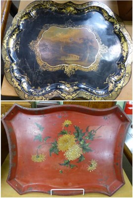 Lot 488 - A 19th century Toleware tray painted with a castle in a landscape in colours and gilt on a...