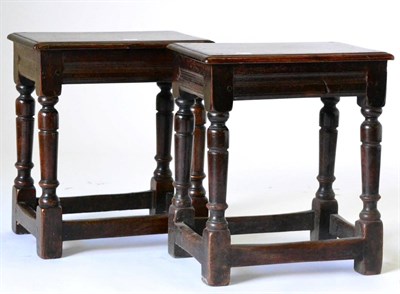 Lot 867 - A Matched Pair of English Oak Joint Stools, with rectangular moulded tops above moulded...