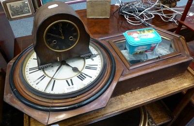 Lot 1006 - An American wall clock, NYC, a small oak mantel clock, three woodworking tools, a brass jam pan and